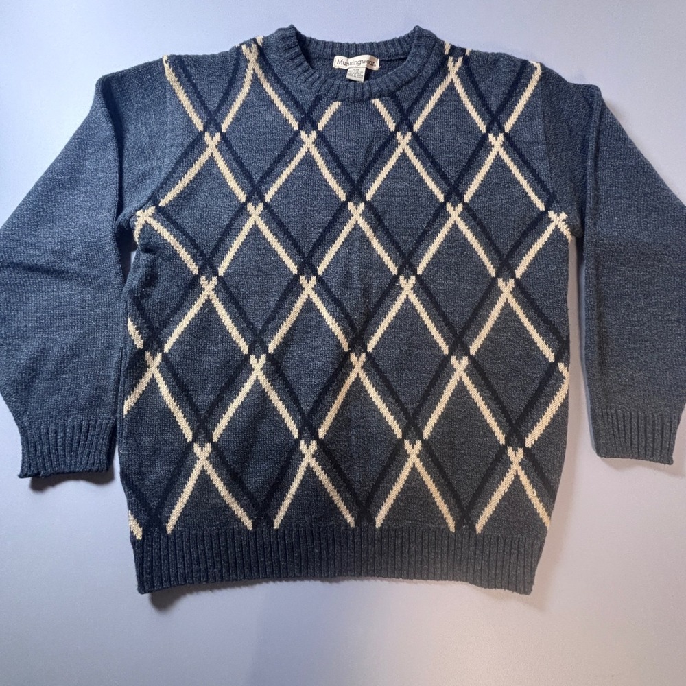 Vintage 90s Munsingwear Argyle Sweater Mens Large Crew Neck Pullover Knit - Picture 2 of 11
